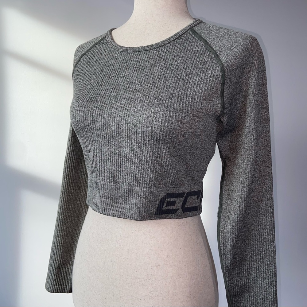 Arise by Echt Ribbed Grey Crop Top Long Sleeve Activewear Top Size Large
